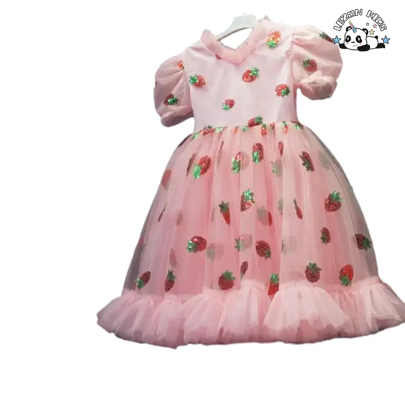 LEZONKIDS - Vestido infantil com lantejoulas de morango, manga bufante e tule rosa para meninas 2020